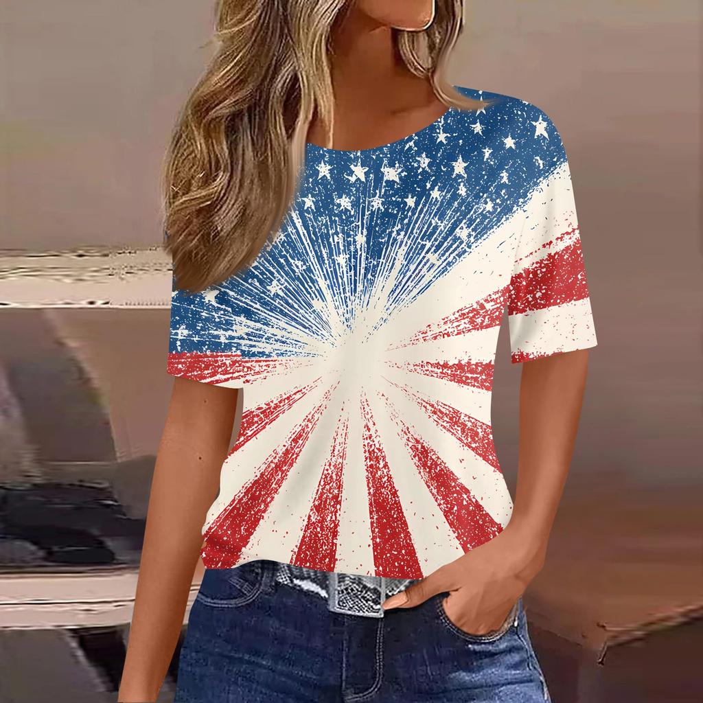 Damski modny, swobodny, krótki rękaw, nadruk, okrągły dekolt, bluzka typu pullover