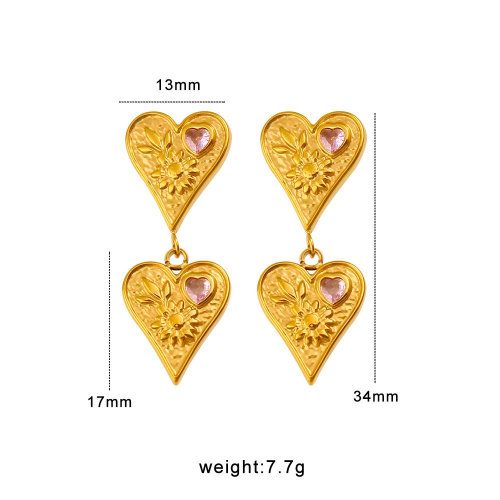 Elegant Retro Stainless Steel Heart Dangle Earrings with Pink Diamonds, 18K Gold Plated, Double Layer Design