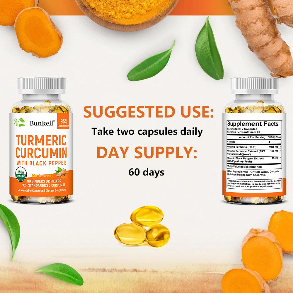 Kurkuma Curcumin Nahrungsergänzungsmittel, Mit Schwarzem Pfeffer, 120 Pflanzliche Kapseln Pro Flasche