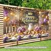 Elegante Ruhestand-Kulisse, Raffinierte Schwarz-, Lila- und Gold-Party-Szene mit Krone, Lichtern und Ballons, Festliche Luxus-Wanddekoration