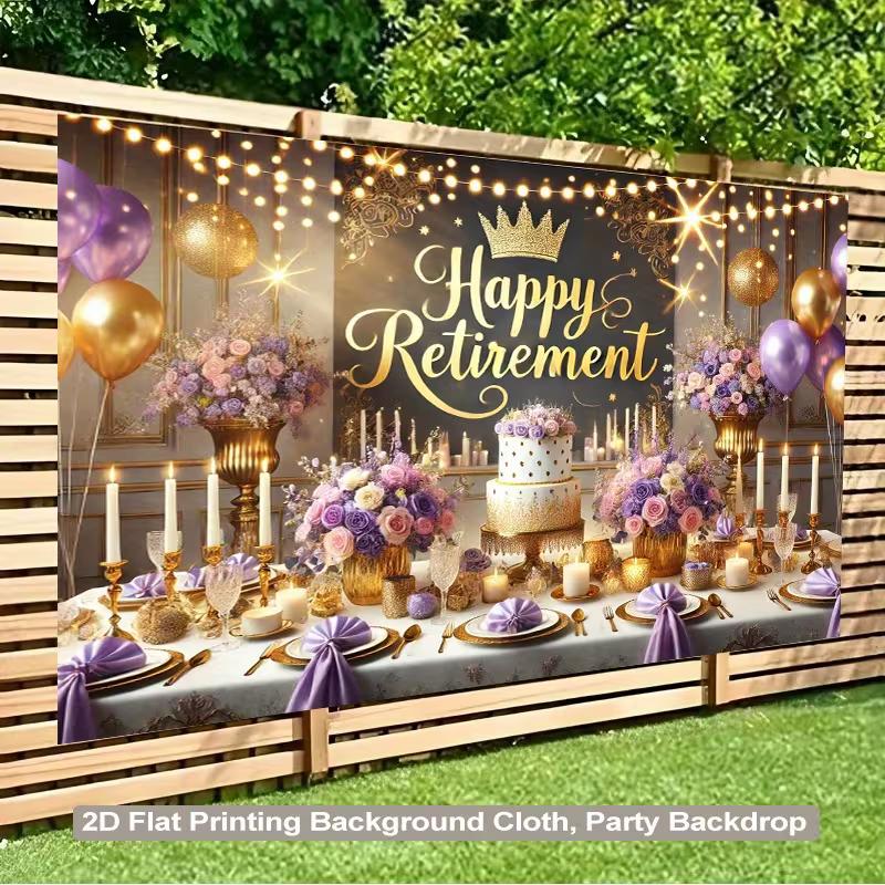 Elegante Ruhestand-Kulisse, Raffinierte Schwarz-, Lila- und Gold-Party-Szene mit Krone, Lichtern und Ballons, Festliche Luxus-Wanddekoration
