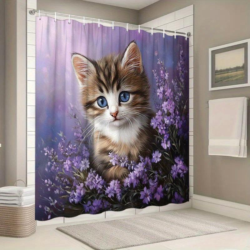 1pc Fluffy Kitten Shower Curtain - Blue-Eyed Kitten, Soft Pastel Flowers, Dreamy Atmosphere, Polyester, 12 Hooks, 70.8x70.8