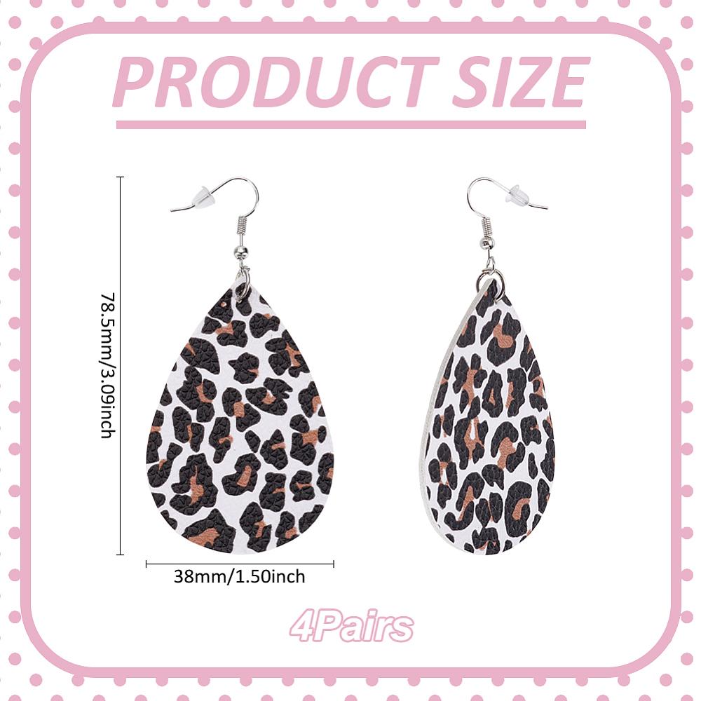 4 Pairs Artificial Leather Teardrop with Leopard Print Dangle Earrings, Platinum, White, 78.5x38mm