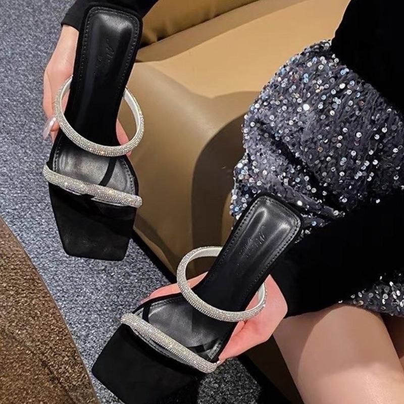 Fashion 2025 Open Toe Anti Slip Roman Sandals Summer New Rhinestone High Heels Sexy Stiletto Heels Square Toe Slippers Women