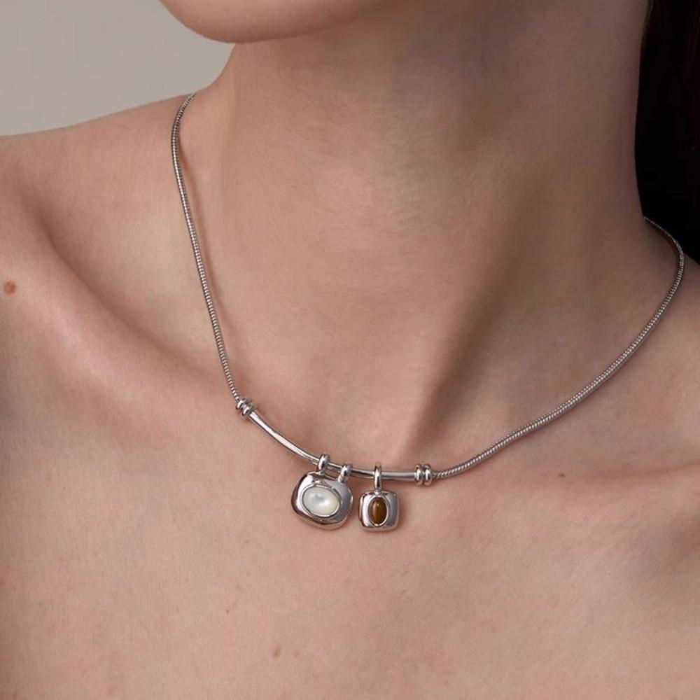 Imitation Pearl Tigereye Stone Pendant Necklaces Geometric Collarbone Necklace Women
