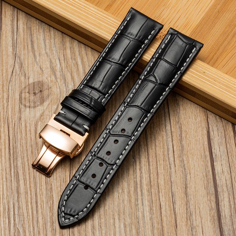 Bamboo Pattern Genuine Leather Watch Strap with Soft Cowhide and Butterfly Buckle for Men and Women