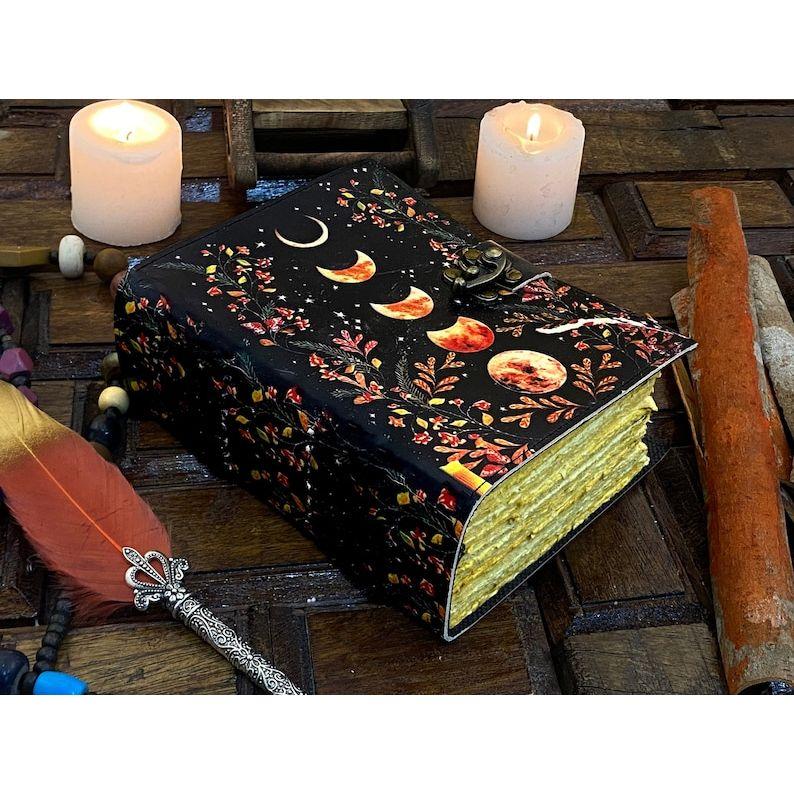 Moon Phase - Grimoire leather journal Notebook - book of shadows - Blank spell book Leather Gifts For Him and Her