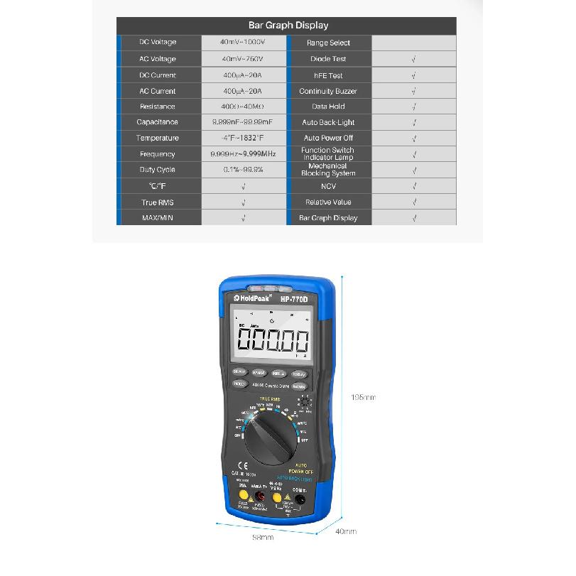 HP-770D True RMS Digital Multimeter 40000 Counts Auto Range NCV Voltage Current Tester with Temperature Test