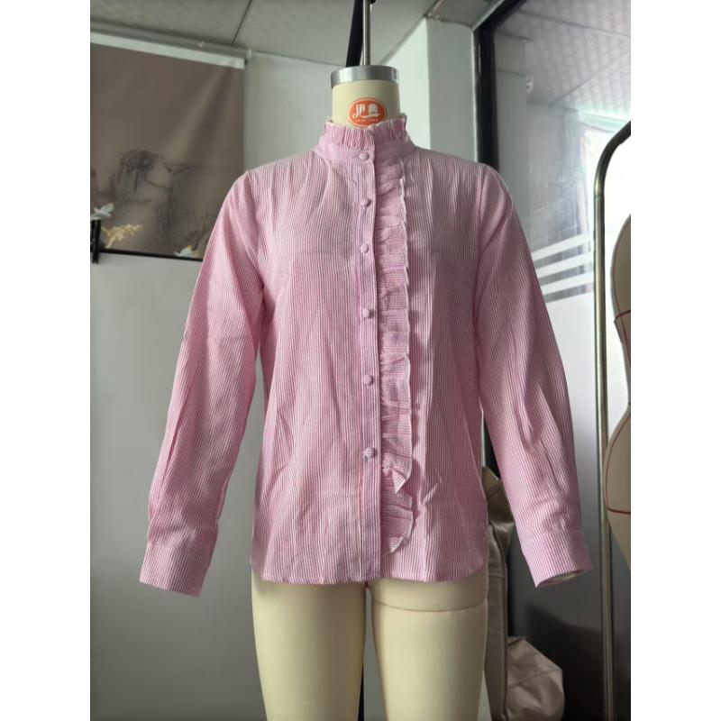 Women's Autumn Ruffle Placket Long Sleeve Blouse Striped Button Down Stand Collar Crinkled Casual Office Daily Wear Shirt Top
