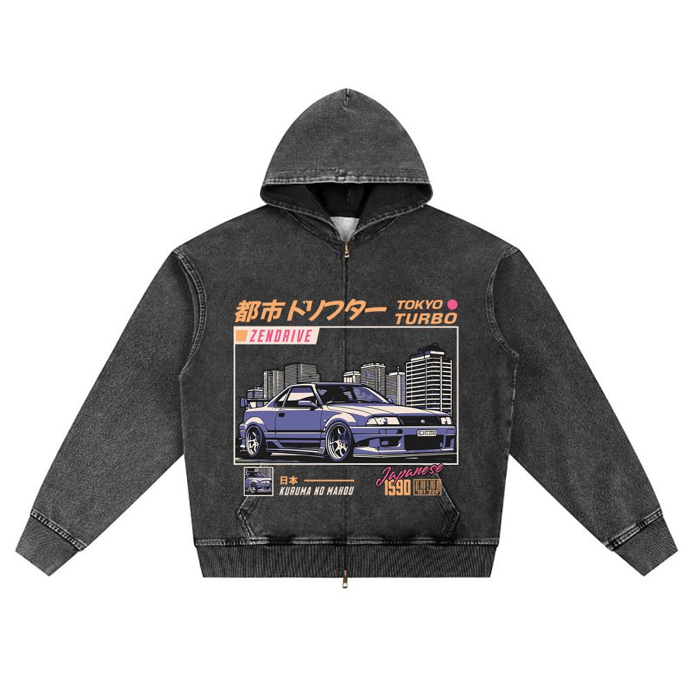 DTG Print Knitted Denim Zip-Up Hoodie Tokyo Turbo Brother Print Zipper Hoodies  