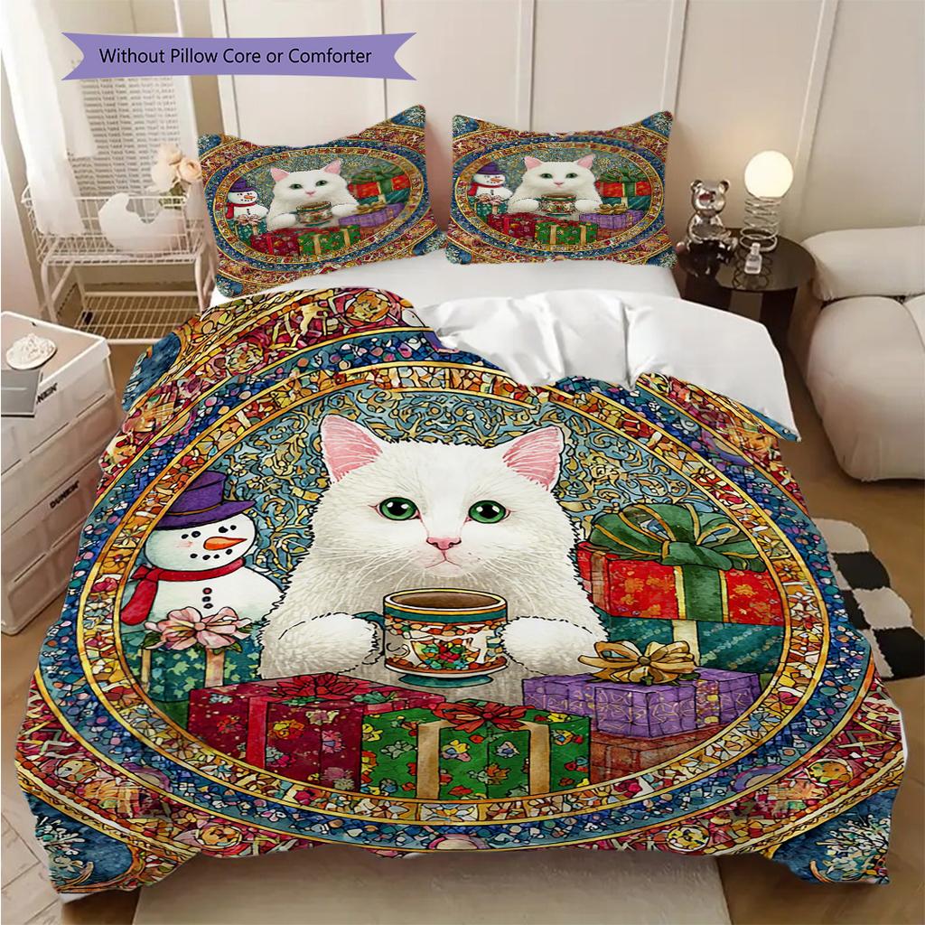 Weißes Katzenmuster Bettwäsche Steppdecke Set Deckenbezug Kissenbezug Heimdekoration Geburtstagsgeschenk (1 Bettbezug + 2 Kissenbezüge, ohne Füllung)