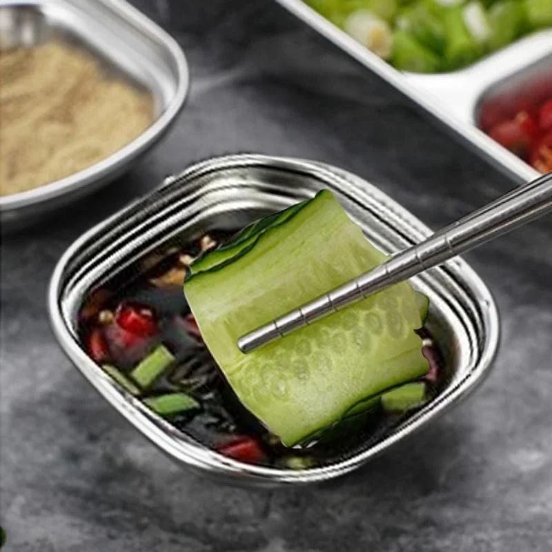 1PC Stainless Steel Sauce Dish, Divided Seasoning Sauce Dip Bowl, Korean Ketchup Sauce Bowl, Vinegar Soy Spice Condiment Tray