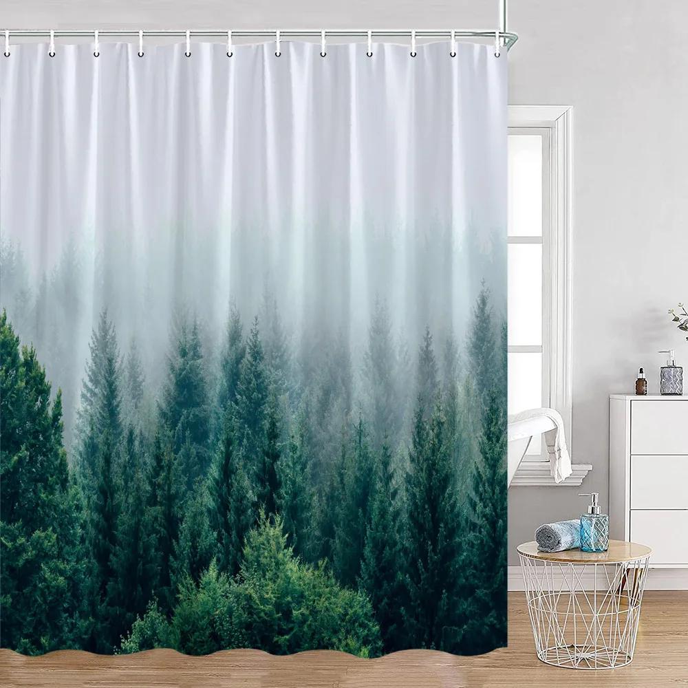 

Занавески для душа «Туманный лес» Заснеженные сосны Зеленые леса Природный ландшафт Минималистский декор ванной комнаты Современная занавеска для ванной из полиэстера 240x180cm-94x70in