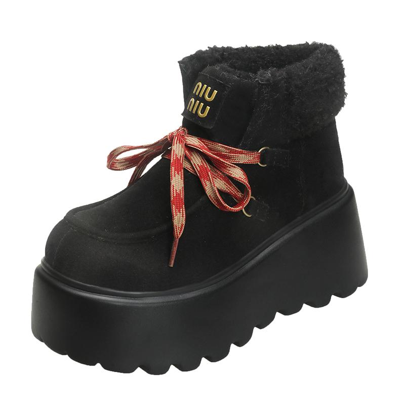 

Женские зимние платформенные меховые сноубутсы из замшевой кожи, теплые хлопковые ботильоны, женские новые трендовые короткие плюшевые мотоциклетные боты для женщин 34 чёрный