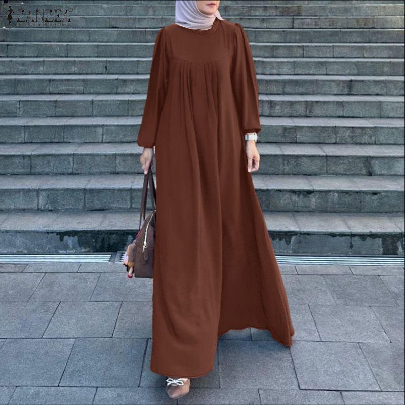 ZANZEA Women Round Neck Loose Long Sleeve Muslim Casual Long Dress