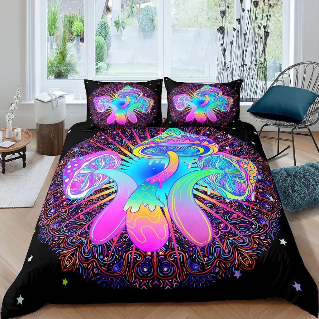 Mushroom Duvet Cover Colorful Gold Pattern Cartoon Plant Beddings for Teen Boys Girls Kids,Queen/King Microfiber Comforter Cover
