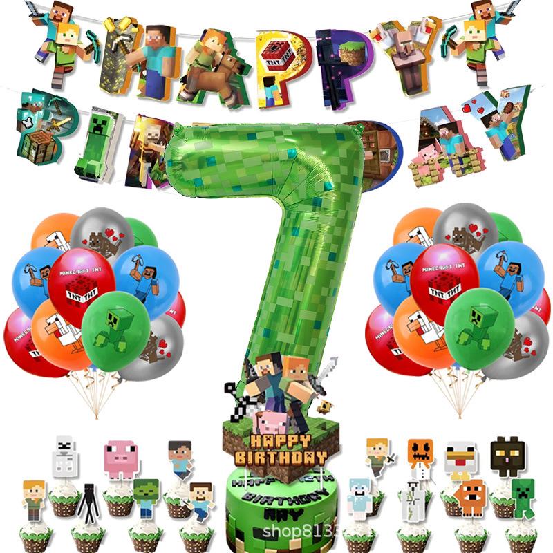 Minecraft-Themed Aluminum Foil Balloon Set: Kid's Birthday Decor with Pull Flags & Number Combination