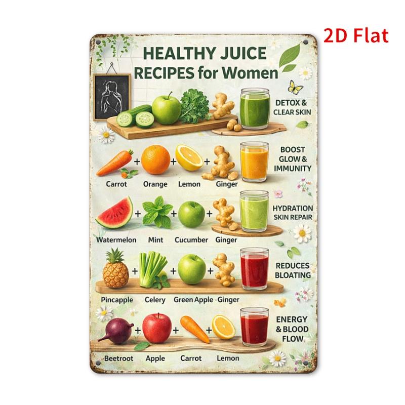 XInch Iron Sign Healthy Juice Recipes Women Kitchen Wall Decor Home Cook Nutrition Gift 20x30cm（7.8x11.8inch）