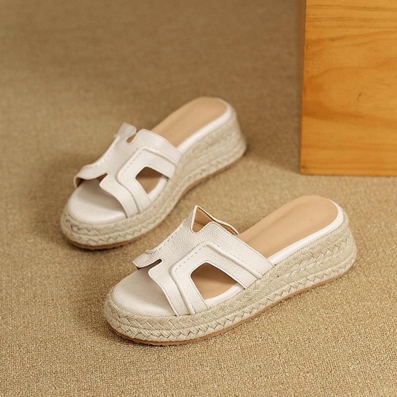 Small thick-soled one-word slippers women's 2025 new summer wear woven wedge heel sandals with skirt cool slippers