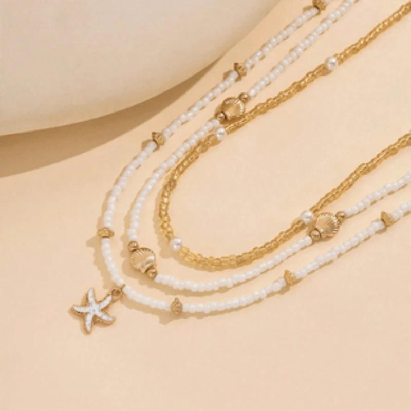 Bohemian Beach Rice Beads Imitation Shell Starfish Pendant Multi-layer Necklaces Women's Vacation Wind Holiday Accessories Gift