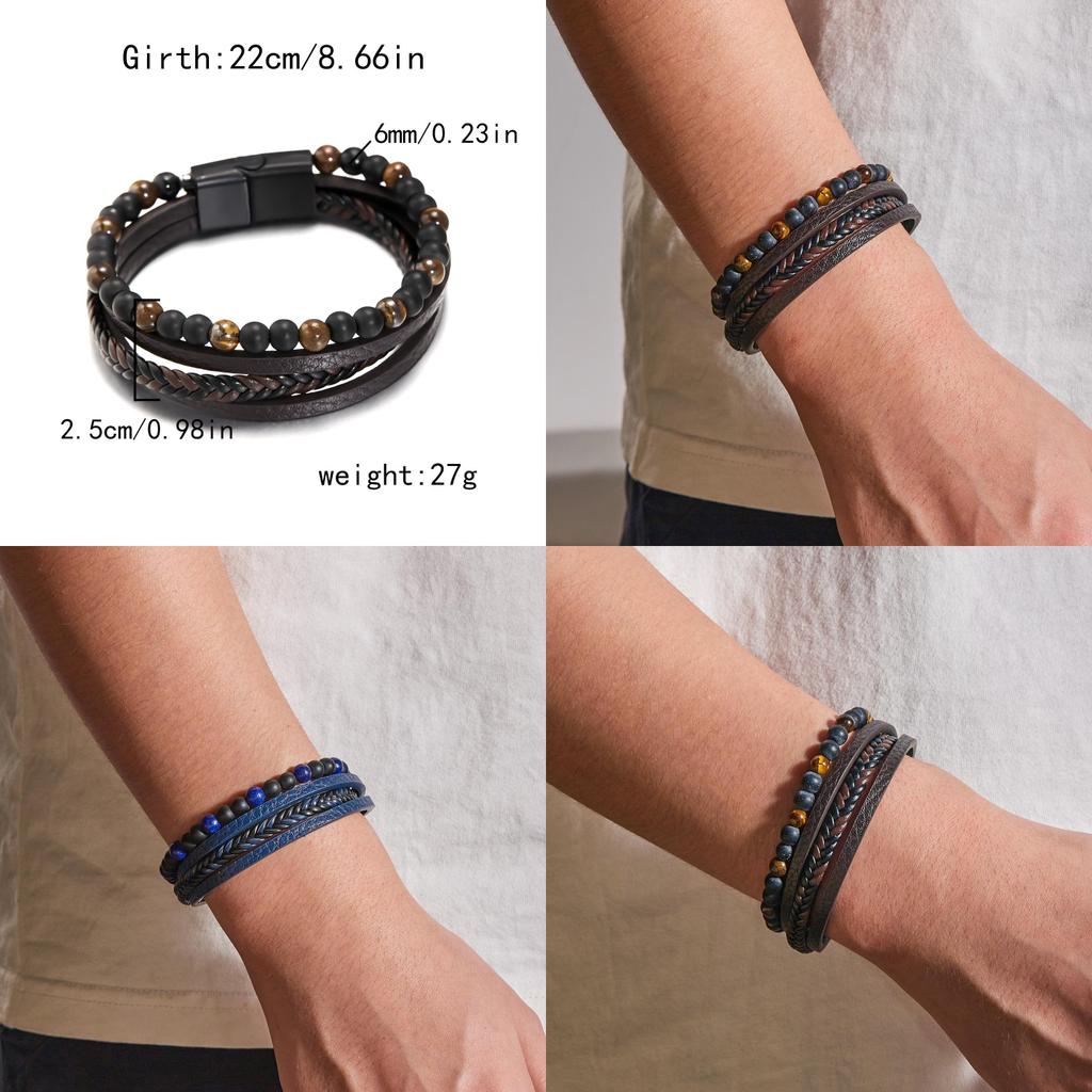 Geometric Style Mens Weaving Leather Wristband With Bead Design For Fashion And Travel