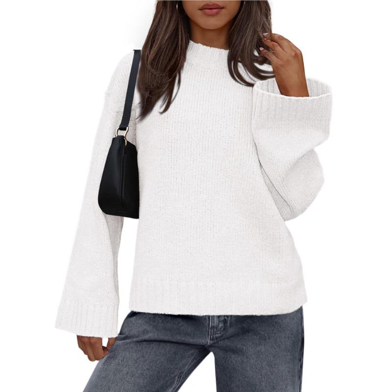 Autumn and Winter Casual Round Neck Loose Solid Color Long Sleeve Bell Sleeve Knitted Sweater for Women