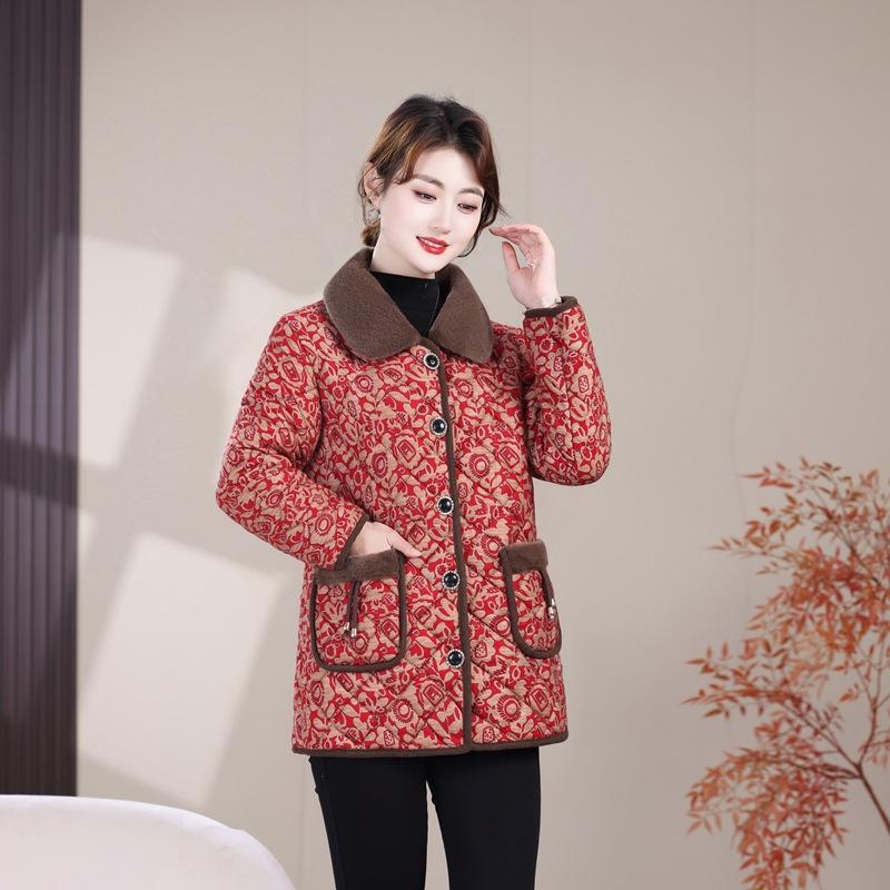 

Winter Casual Fashionable Plus Size Cotton Jacket for Mid-Aged and Elderly Women - Thickened Cotton-Padded with Velvet 3XL (120-135 jin) помаранчевий