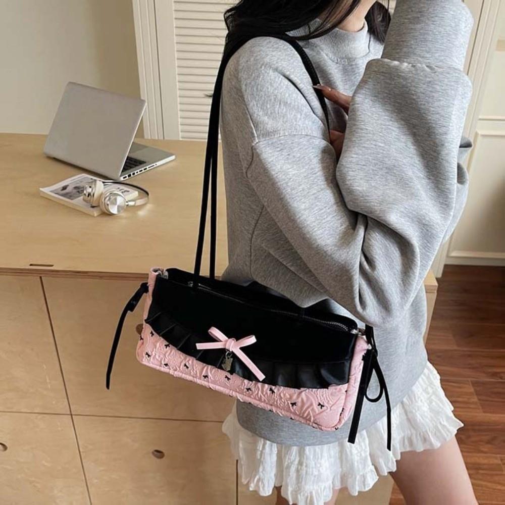 Black French Stick Handbag Denim Blue Cloth Underarm Bags Shopping Plaid Bow Shoulder Bag Travel
