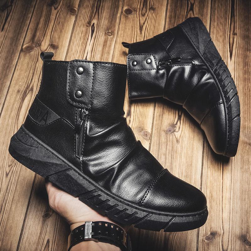 Fashion 2024 New Black Men's High-top Fashion British Style Leather Boots Winter Shoes Korean Style All-match Breathable Boots Tide