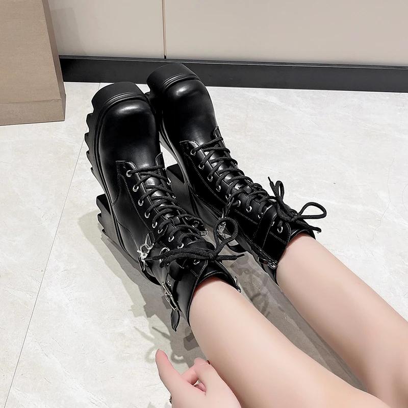 Fashion Comemore Gothic 8.5CM Heeled Platform Women Mid-calf Boots Autumn Winter High Heels Punk Style Women Motorcycle Botines Shoes