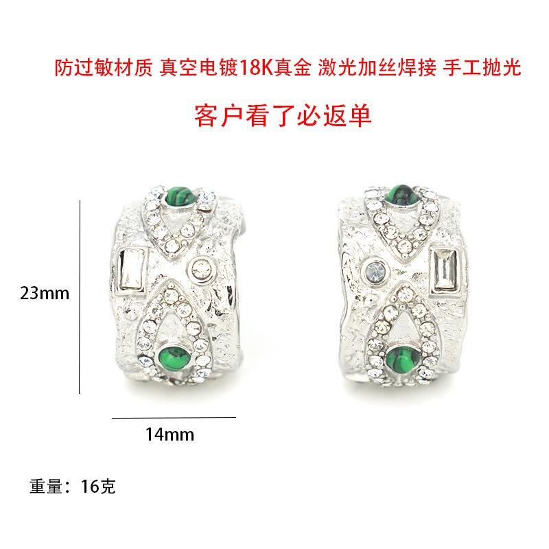 K gold inlaid zircon green peacock stone square devil angel eye square geometric earrings natural wind crystal