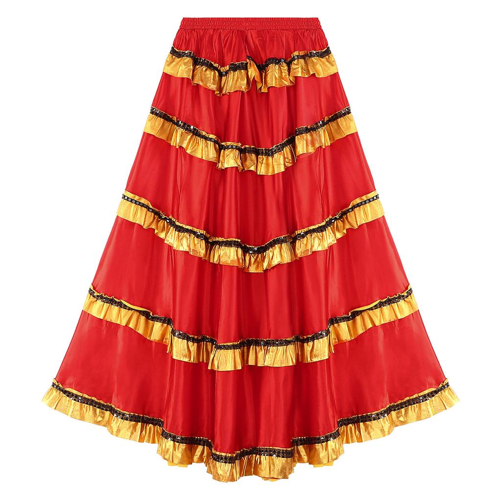 Womens Flamenco Dance Skirt Tiered Ruffles Wide Hemline Ballroom Dancing Skirt Carnival Stage Performance Costume