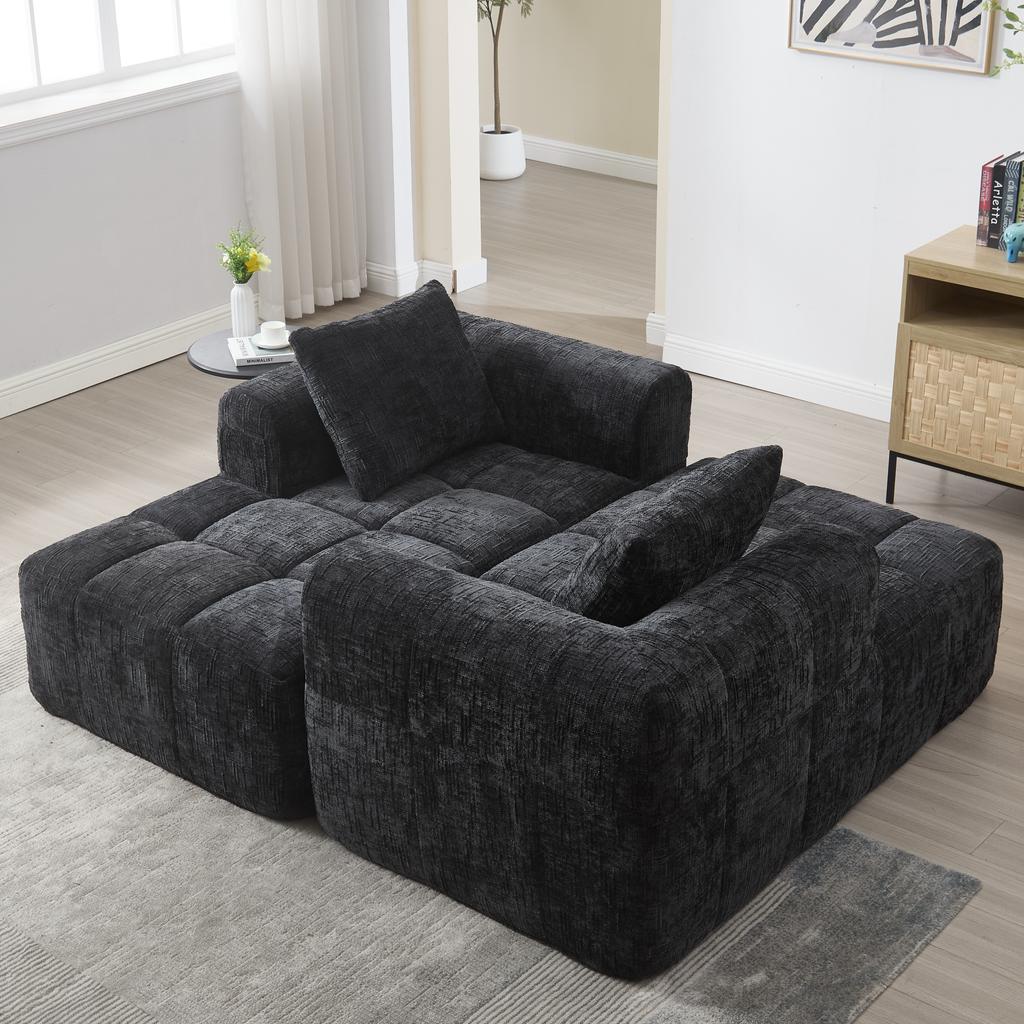 Comfortable Chaise Longue Sofa, No Assembly Required, Soft Sofa with Cushion, Side Pockets for Remote Control, Mobile Phone, Neat and Stylish, Black