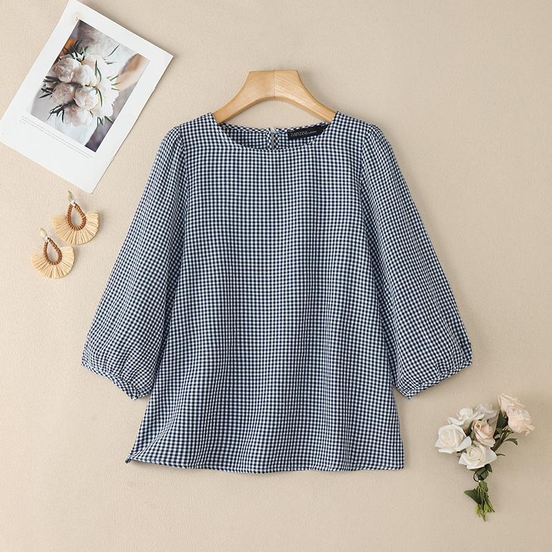 

ZANZEA Женская повседневная блузка с круглым вырезом и рукавами 3/4 свободного кроя с принтом в клетку 5XL тёмно-синий