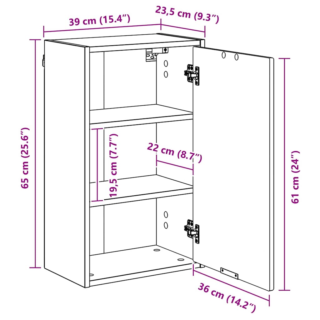 Wall Mounted Bathroom Cabinet Grey Sonoma 39 x 23.5 x 65 cm