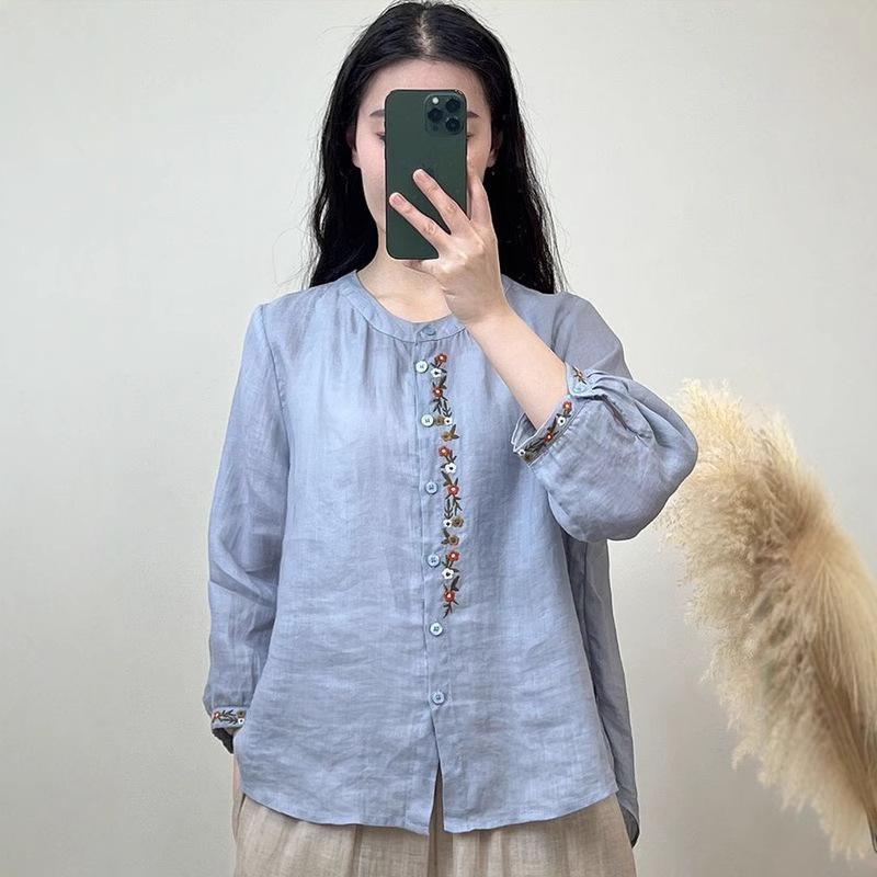 Top Ricamato da Donna in Cotone e Lino Estivo - Stile Nazionale Retrò, Leggero e Versatile