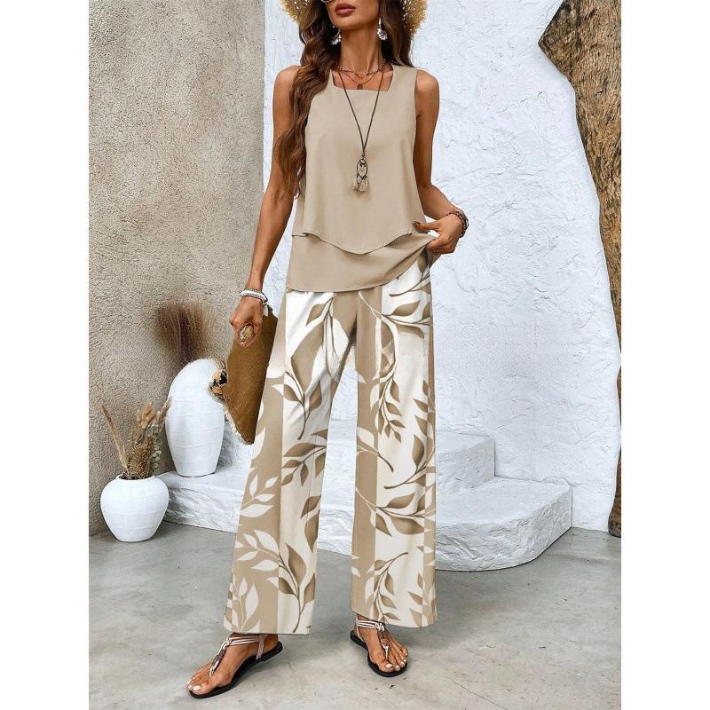 Women's Loose Fit Two Piece Outfit Sleeveless Tank Top High Waist Wide Leg Pants Set With 3D Abstract Print For Casual Summer Daily Wear