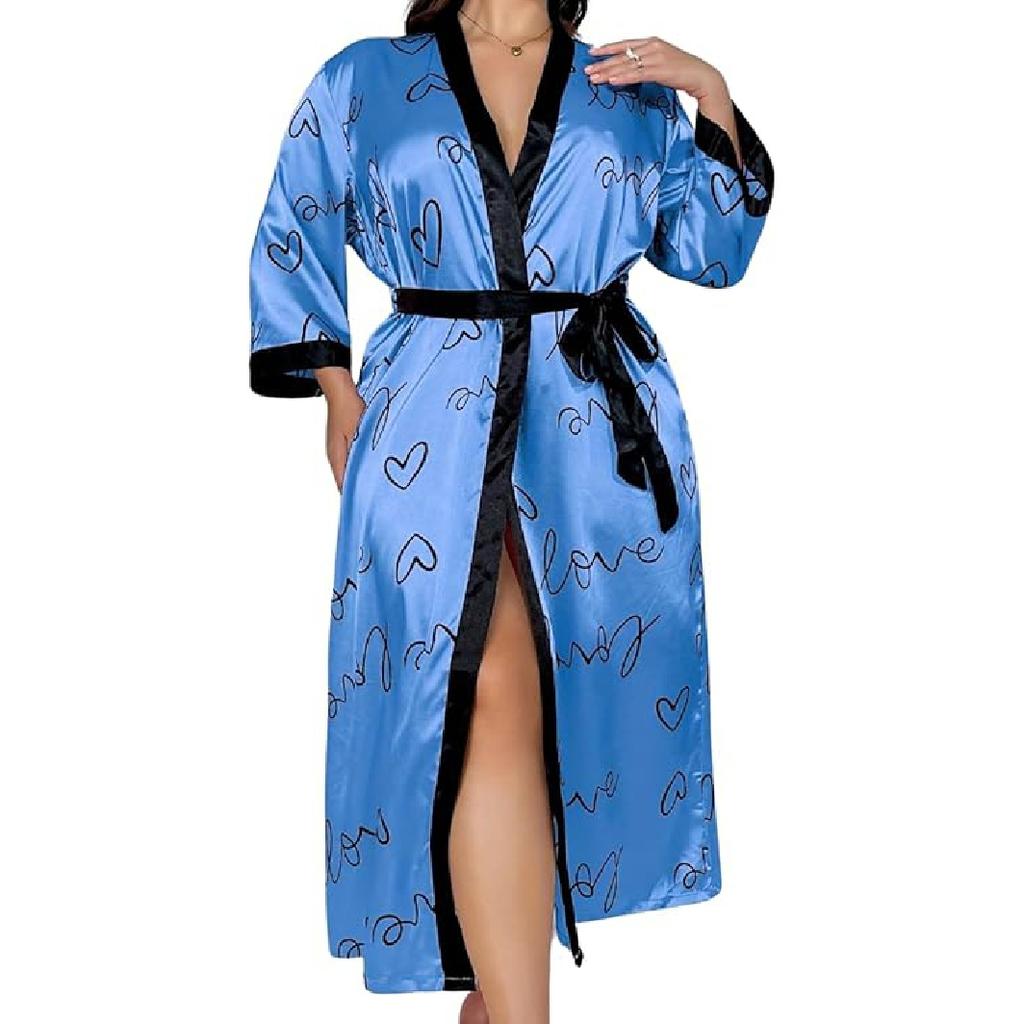 Valentinsdagkåpe i plussstørrelse for kvinner, sexy satengkåpe Langt nattøy