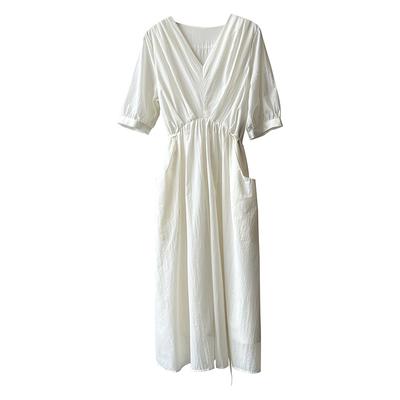 Vintage V-neck Pleated Dress Summer Women's Temperament Tie Waist Mid-length Dress