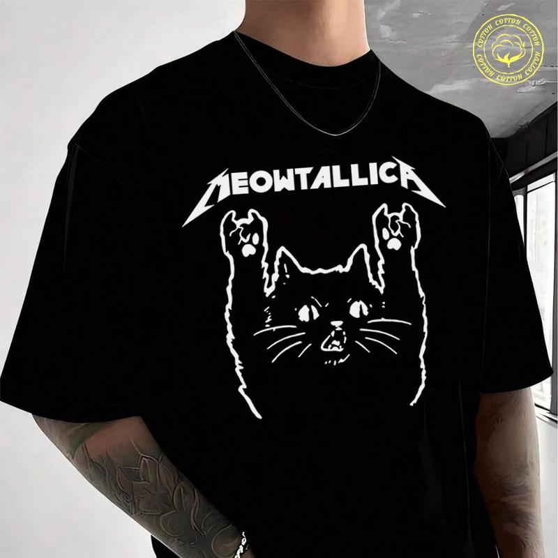 Funny Cat Meowtallica Cat Rock Music T-shirt Moto Male Brand Tee Men Summer T Shirts Casual Hig