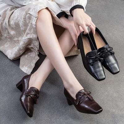Retro Genuine Leather Pumps Square Toe Thick Heel Versatile Commuting Women's Shoes