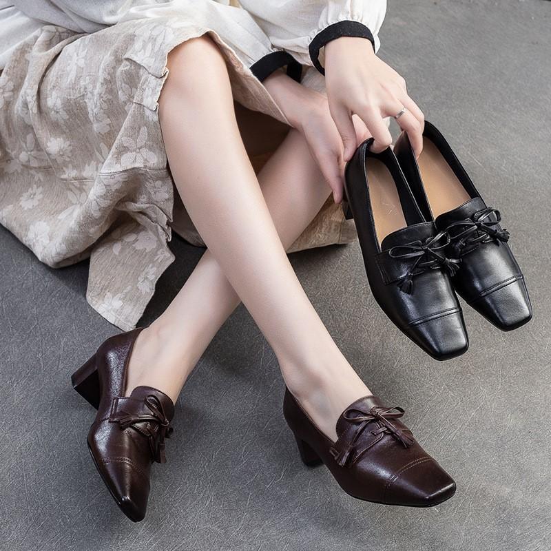 Johnature Retro Genuine Leather Pumps Square Toe Thick Heel Versatile Commuting Women's Shoes