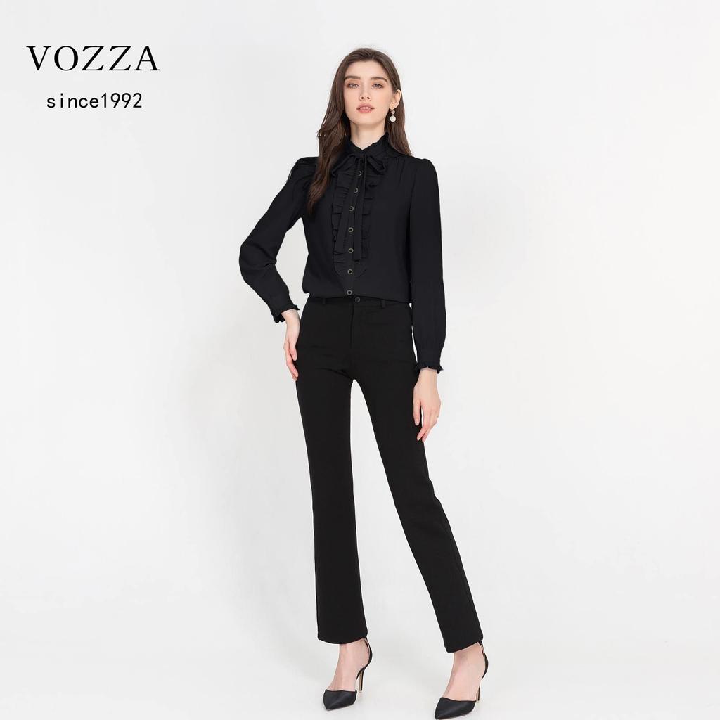 VOZZA Ruffled High Neck Long Sleeve Chiffon Dress Open Solid White Perfect for Entrance and More Women's Shirt, No-Iron, Collar, Stand-Up Collar,