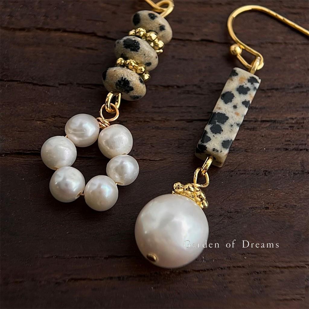 

Handmade Freshwater Pearl & Spotted Stone Earrings: Retro Chinese Style