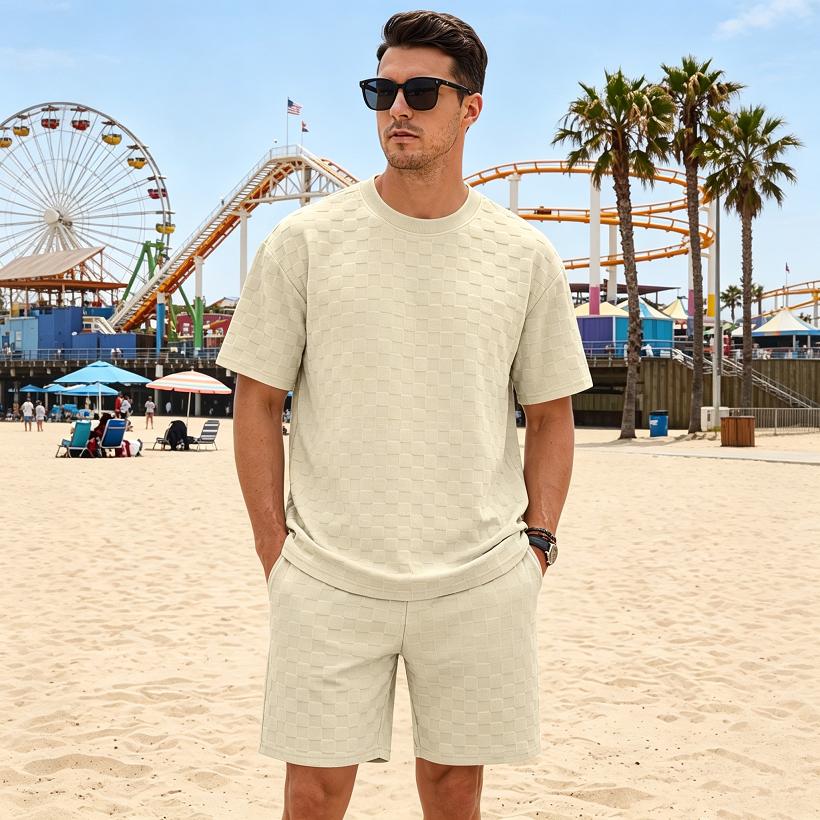 Men Waffle Grid Textured 2 Piece Outfits, Crew Neck Short Sleeve T‑Shirt Drawstring Elastic Waist Shorts Casual Summer Track Suit Set Multiple Colors