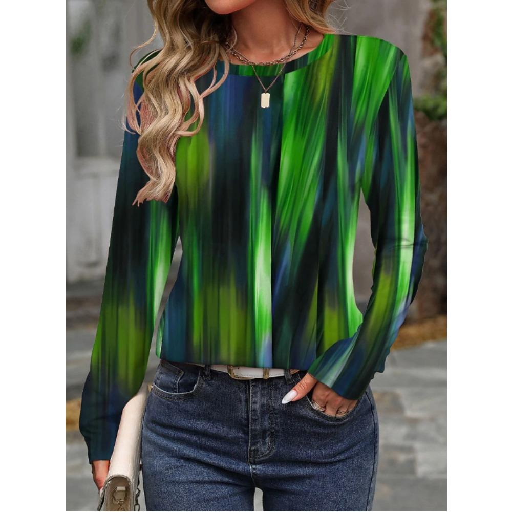 Tops for Women Abstract Design Print Round Neck Long Sleeve T-shirt Fall Casual Slim Pullover Women's Long Sleeve Top