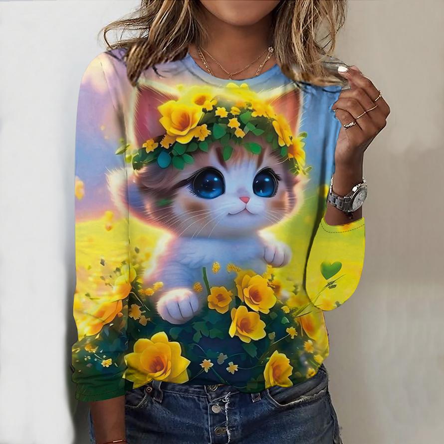 

Топи на весну та осінь, чарівна футболка з принтом котів, круглим вирізом і довгими рукавами, осінній повсякденний тонкий пуловер, жіночий топ з довгими рукавами XL жовтий