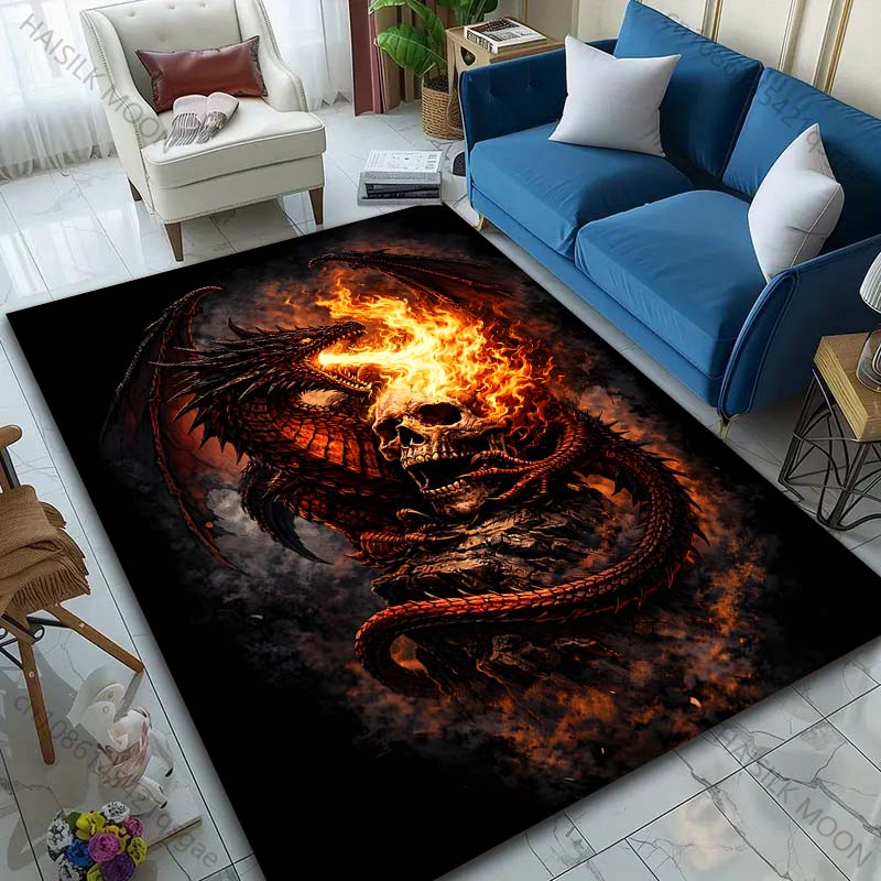 Mehrere Größen Flammender Totenkopf und Drache Teppich für Wohnzimmer Schlafzimmer Sofa Heimdekoration Rus Rutschfeste Fußmatte Luxuriöses Geschenk
