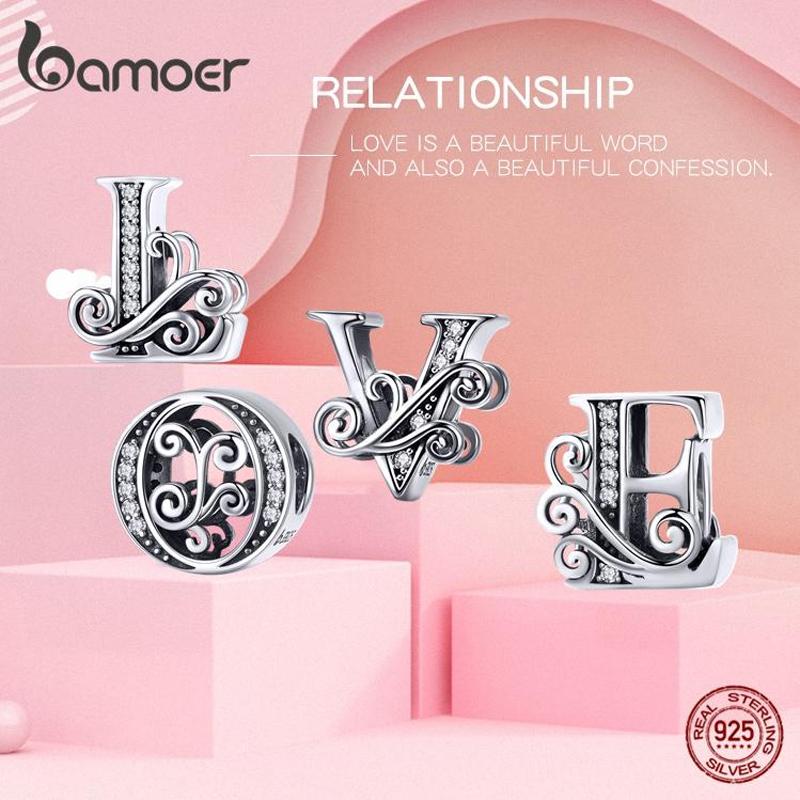 bamoer Funny 925 Silver DIY Letter Alphabet Metal Beads fit for Silver 925 Bracelet Heart Pattern Charms DIY