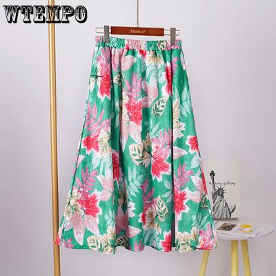 Blommig Halvlång Kjol för Kvinnor Vår/Sommar Lång Stil Hög Midja Retro Elastisk Lång Längd Kjol